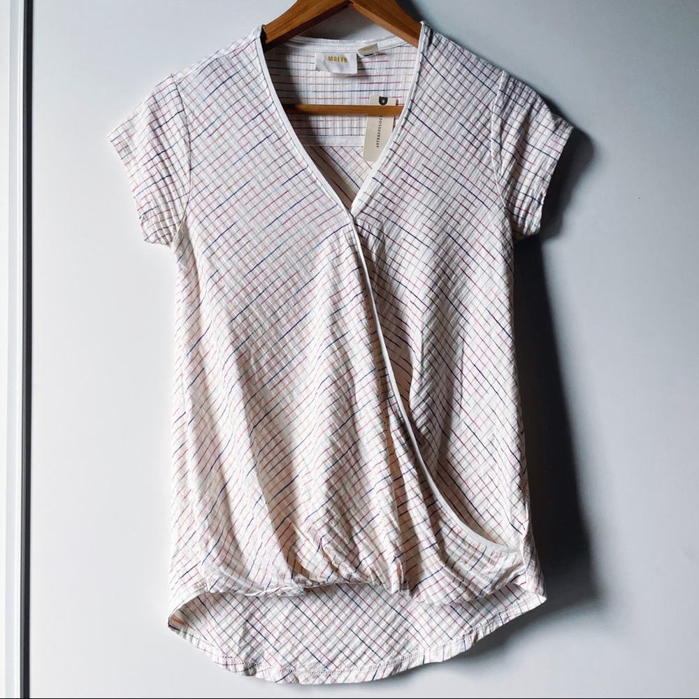 Anthropologie Maeve Cream Leila Rainbow Short Sleeve Wrap Top XS